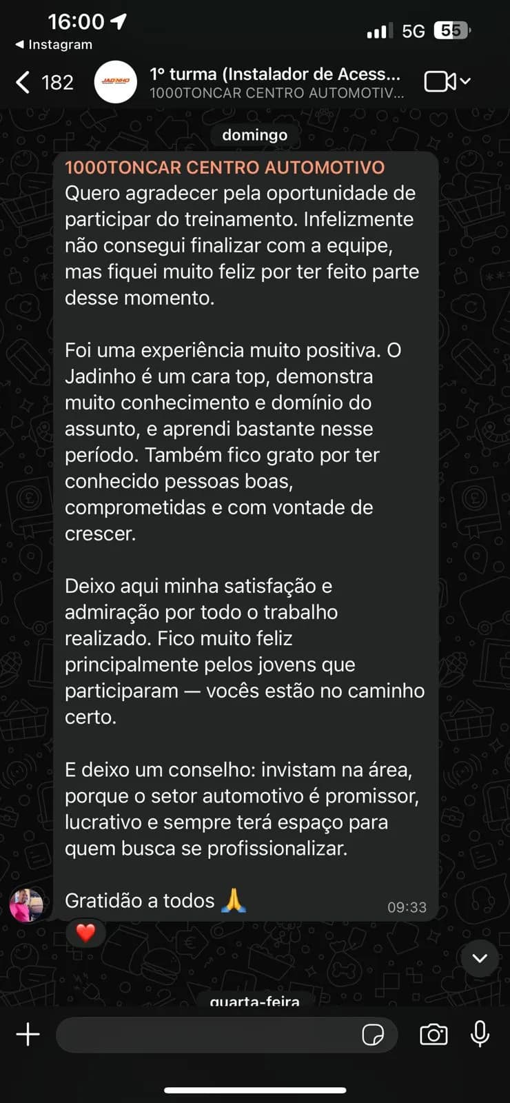 Conversa de aluno no WhatsApp relatando evolução técnica